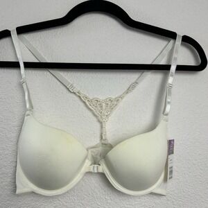 Hers by Herman White Front Close Racerback Bra Lace Butterfly Back 32B B1101-3